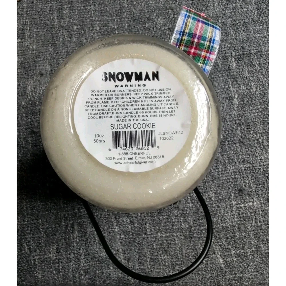Snowman Sugar Cookie Scented Jar Candle In Black Metal Holder Plaid Ribbon